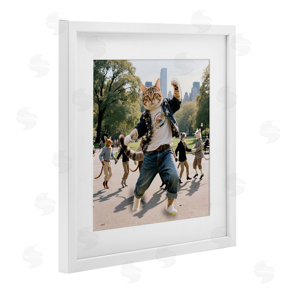 CAD Designs Stylish Cat Dancing in Park White Framed Print Under Glass Wall Art
