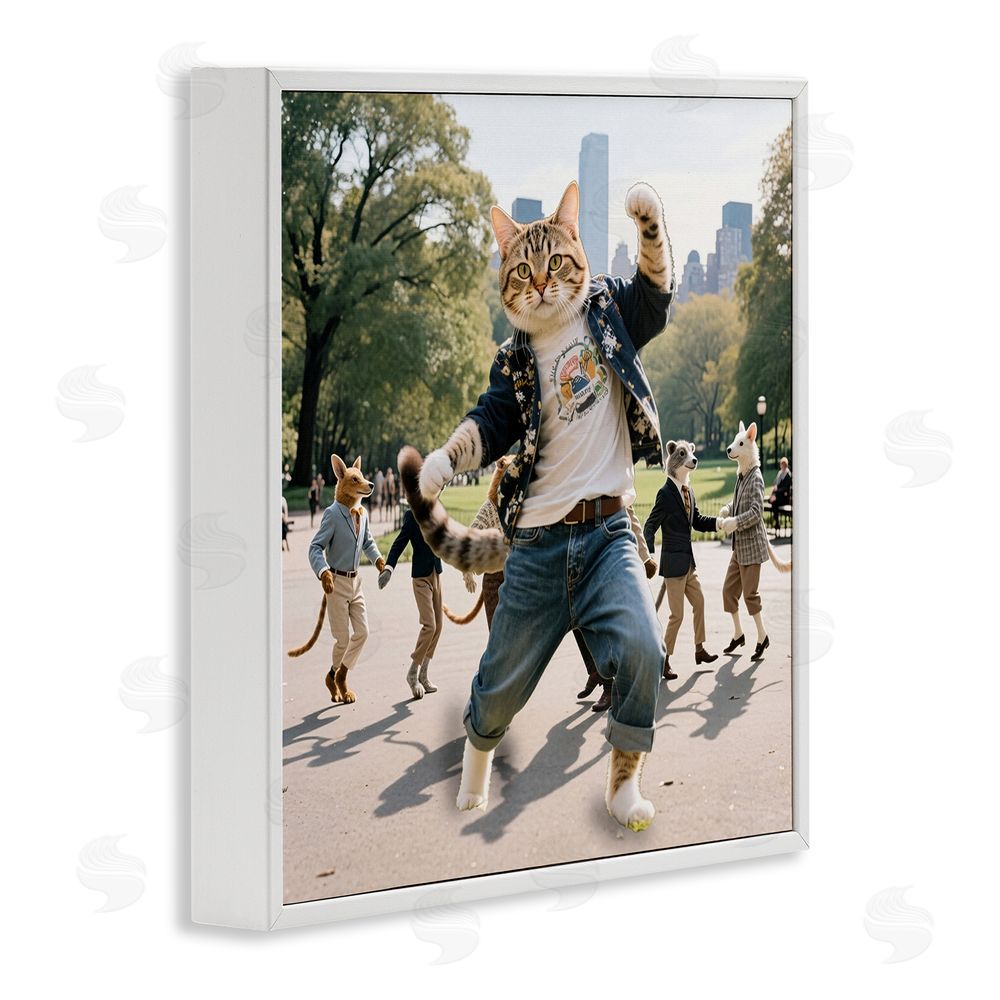 CAD Designs Stylish Cat Dancing in Park White Framed Giclee Wall Art Print