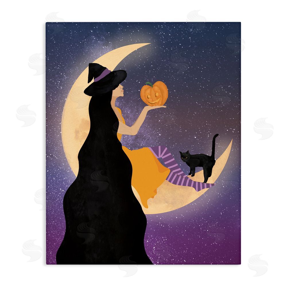 Daniela Santiago Moonlit Witch Holding Jack-o-Lantern Stretched Canvas Wall Art Print