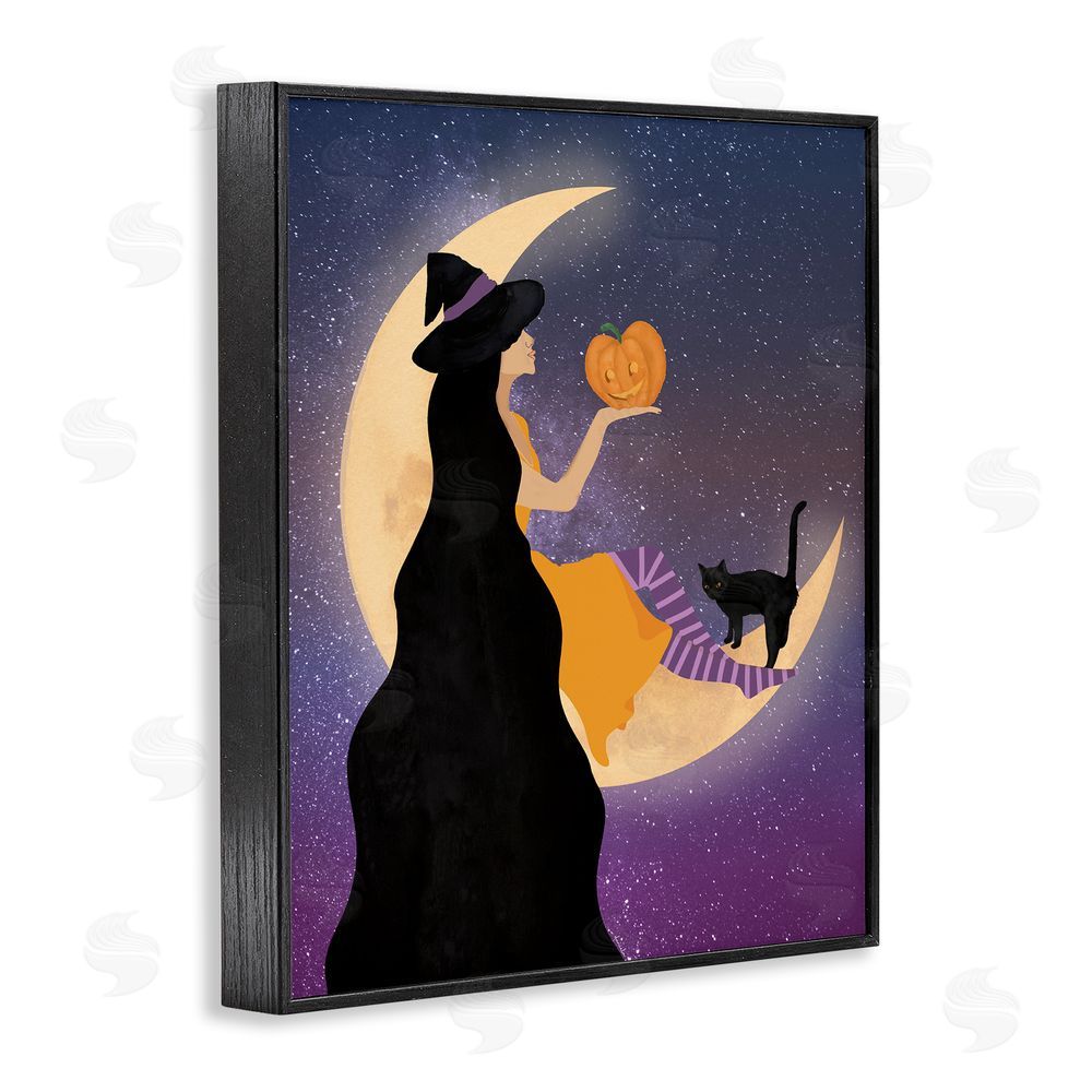 Daniela Santiago Moonlit Witch Holding Jack-o-Lantern Black Framed Giclee Wall Art Print