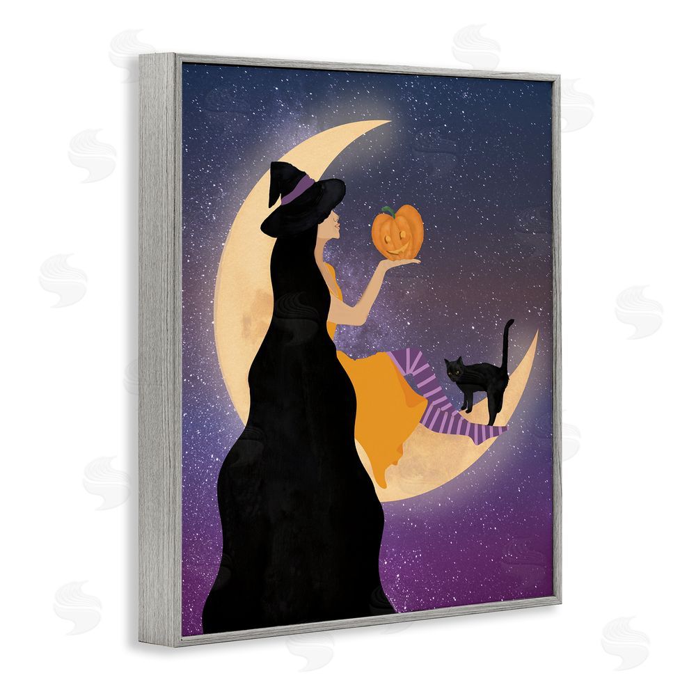 Daniela Santiago Moonlit Witch Holding Jack-o-Lantern Gray Framed Giclee Wall Art Print
