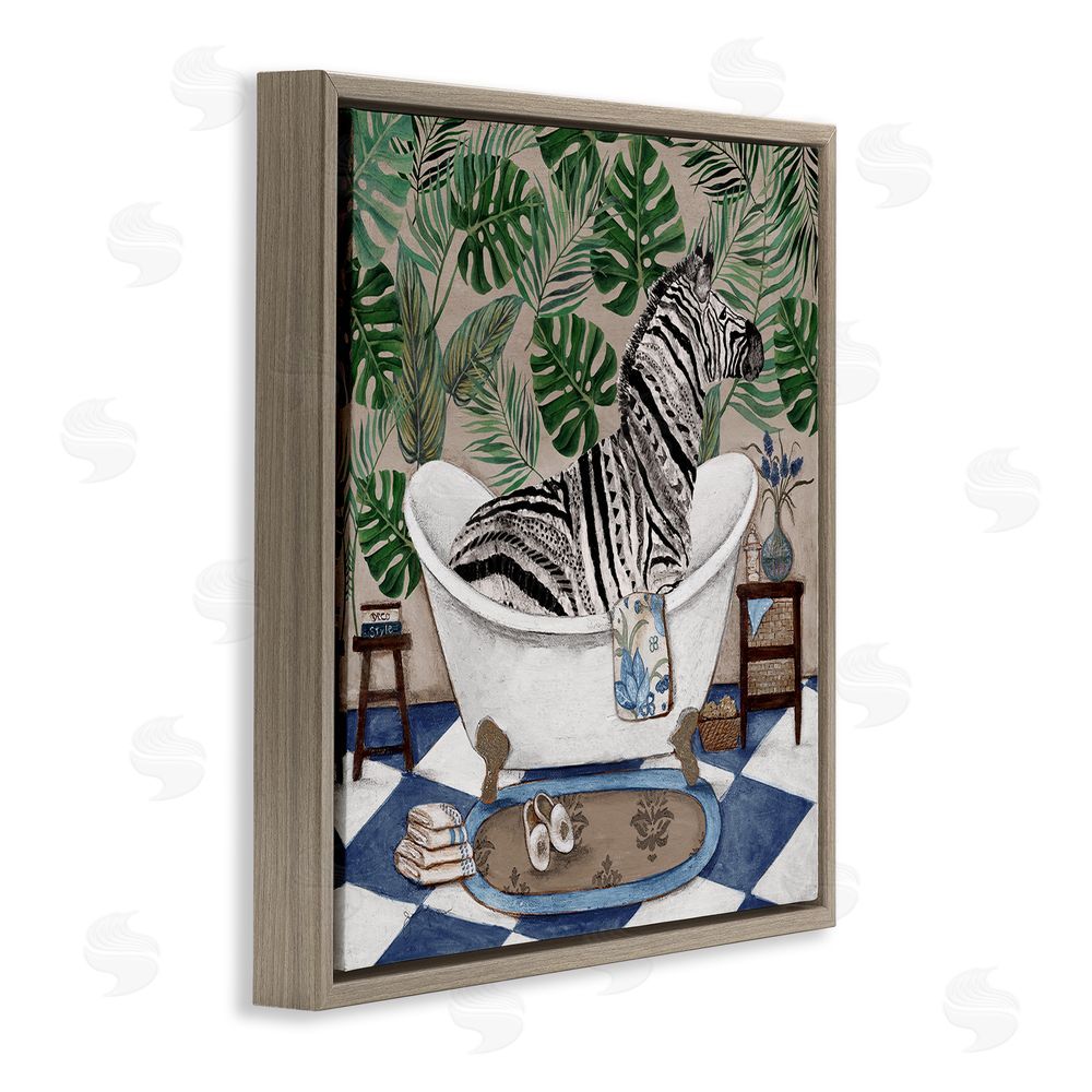 Janet Tava Zebra in Tropical Bathtub Brown Floating Frame Stretched Canvas Wall Art Print