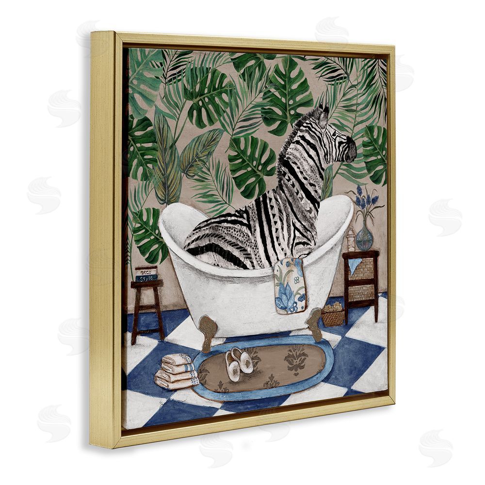 Janet Tava Zebra in Tropical Bathtub Gold Floating Frame Stretched Canvas Wall Art Print