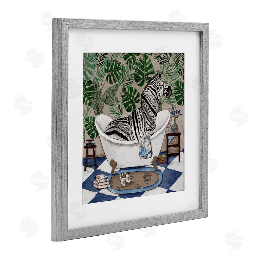 Janet Tava Zebra in Tropical Bathtub Gray Framed Print Under Glass with Matting Wall Art