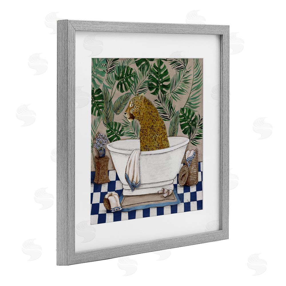 Janet Tava Leopard in Tropical Bathtub Gray Framed Print Under Glass Wall Art