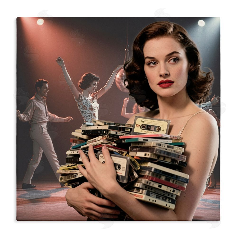 CAD Designs Woman Holding Vintage Cassette Collection Stretched Canvas Wall Art Print