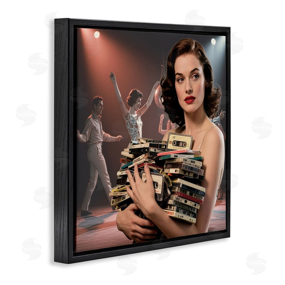 CAD Designs Woman Holding Vintage Cassette Collection Black Floating Frame Canvas Wall Art Print