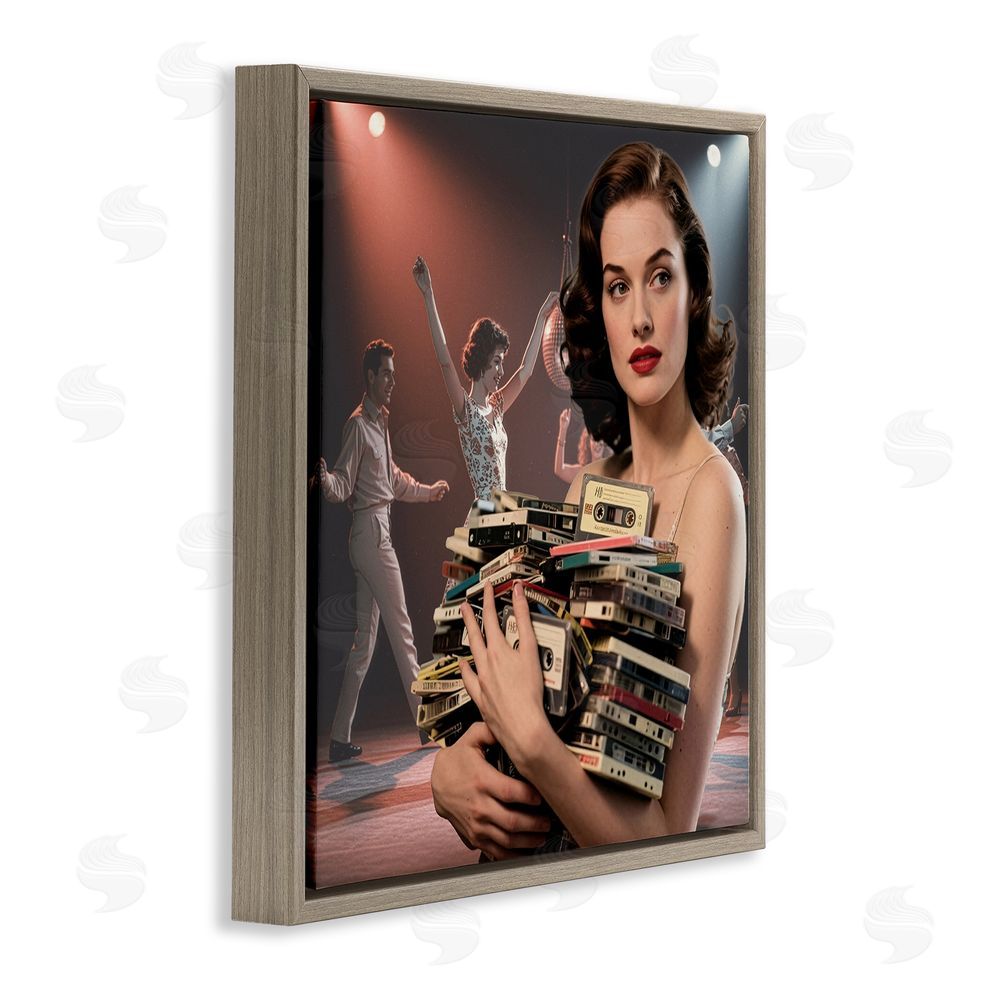 CAD Designs Woman Holding Vintage Cassette Collection Brown Floating Frame Canvas Wall Art Print