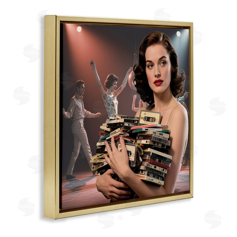 CAD Designs Woman Holding Vintage Cassette Collection Gold Floating Frame Canvas Wall Art Print