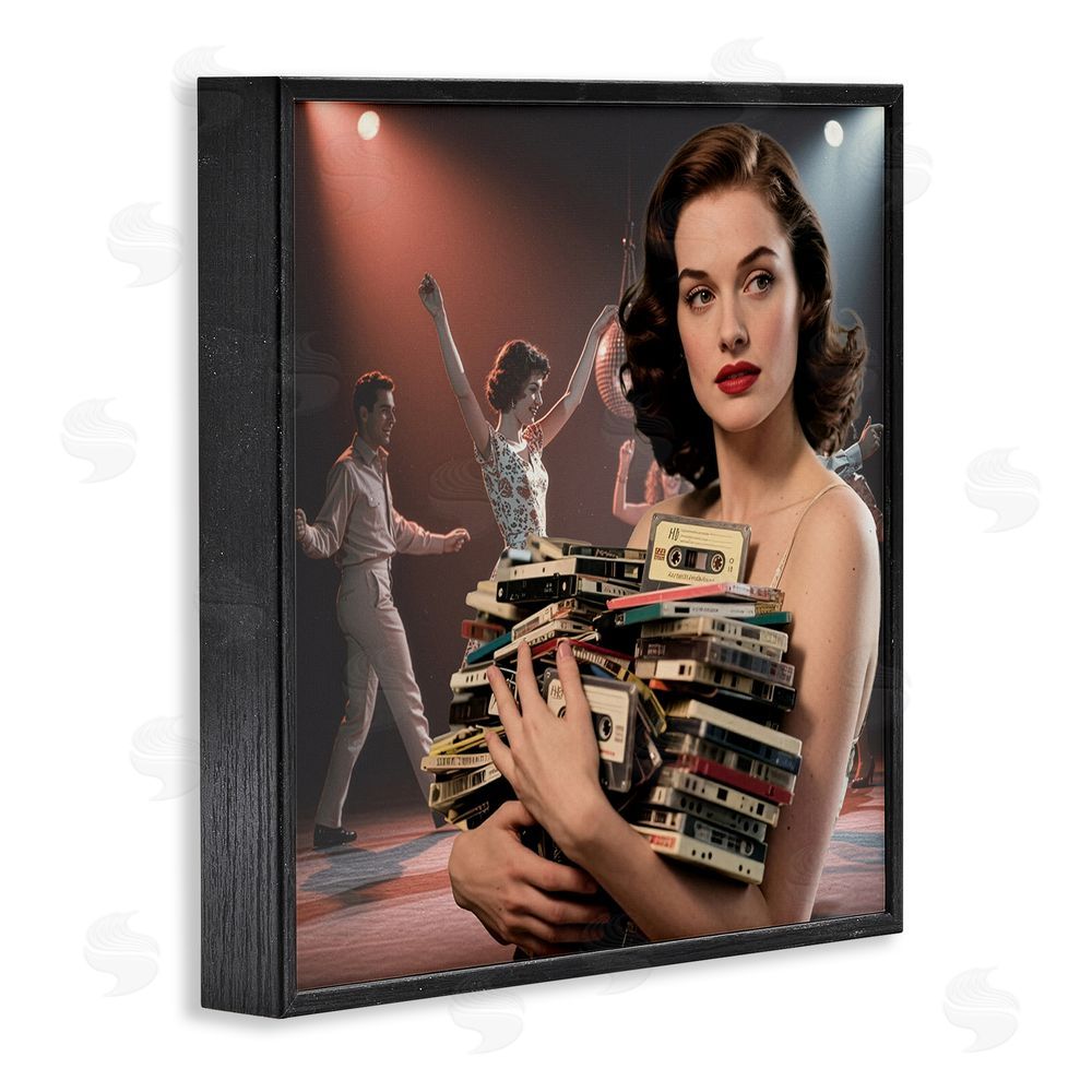 CAD Designs Woman Holding Vintage Cassette Collection Black Framed Giclee Wall Art Print