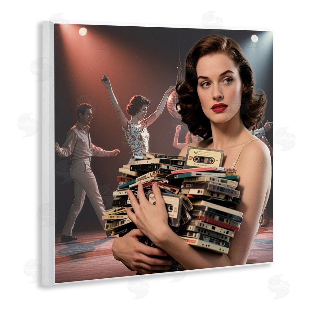 CAD Designs Woman Holding Vintage Cassette Collection Wooden Wall Plaque Art Print