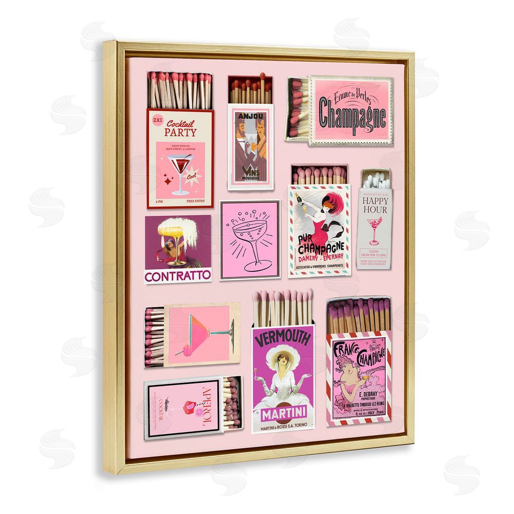 CAD Designs Champagne & Cocktail Matchboxes Gold Floating Frame Canvas Wall Art Print
