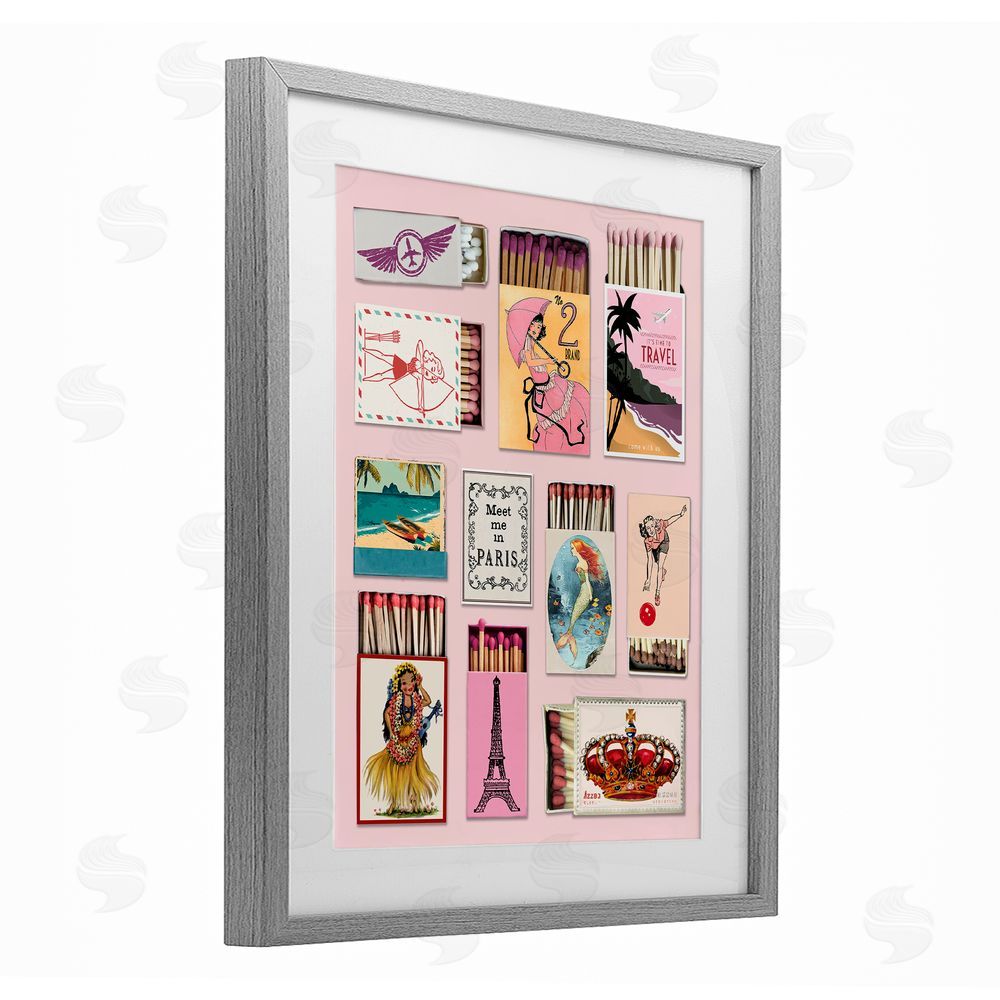 CAD Designs Vintage Travel Matchbook Montage Gray Framed Print Under Glass Wall Art