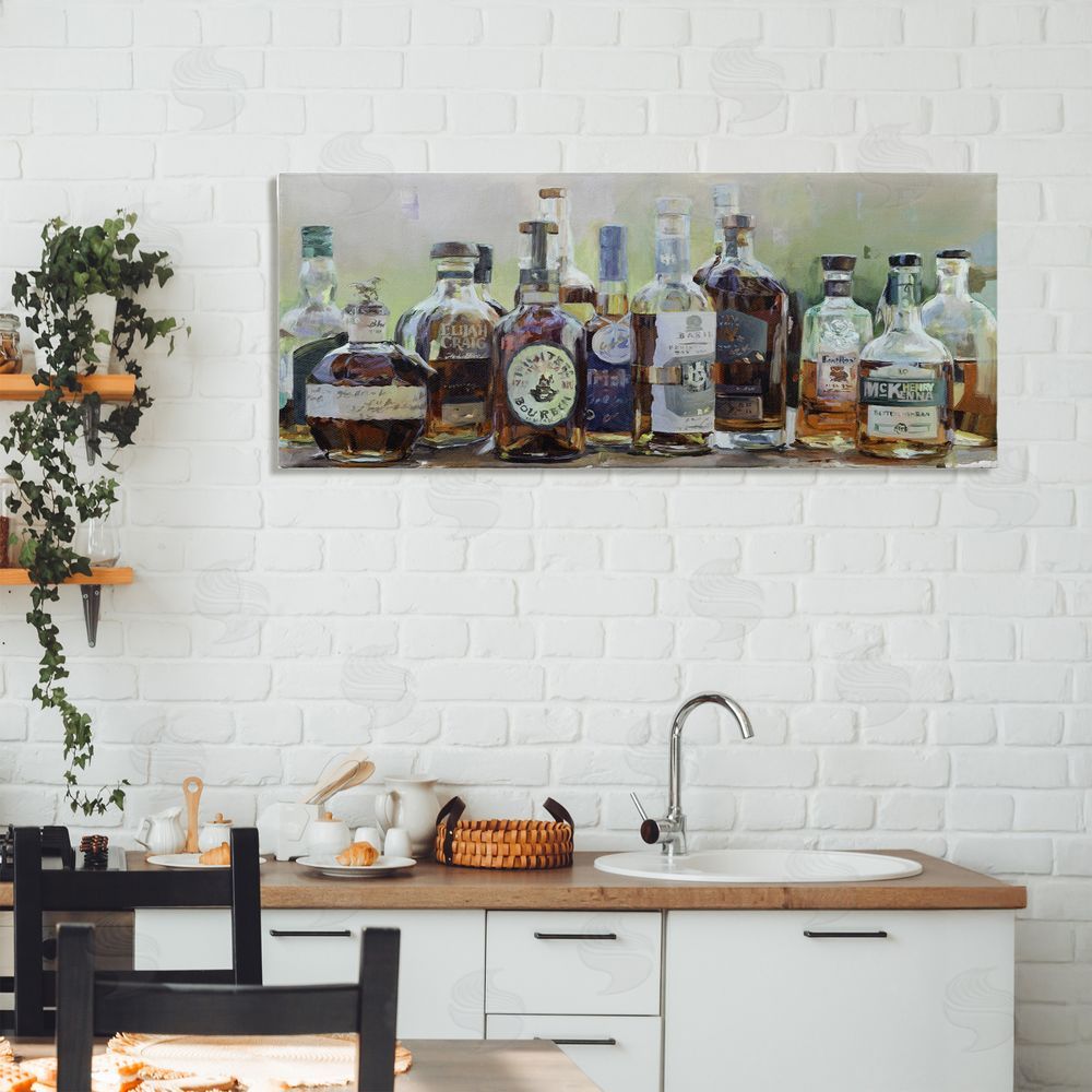 Marilyn Hageman Vintage Whiskey Bottles Display Stretched Canvas on Wall