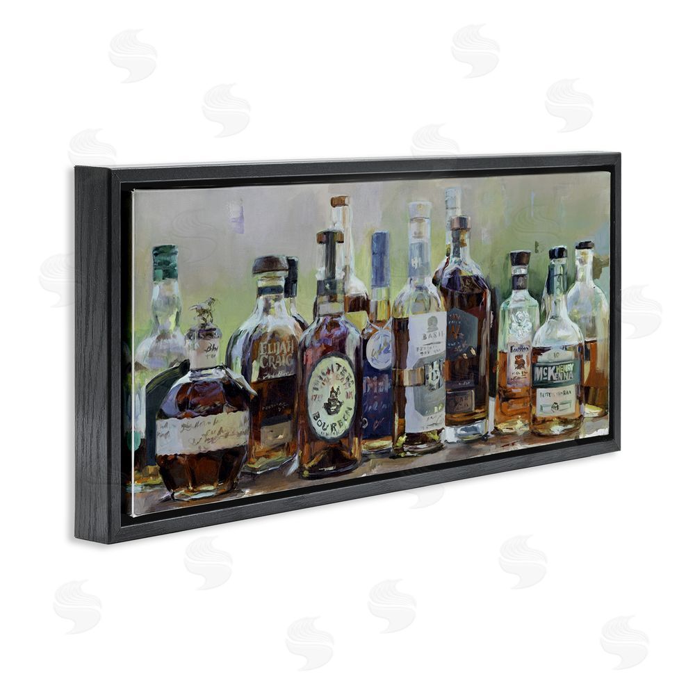 Marilyn Hageman Vintage Whiskey Bottles Display Black Floating Framed Canvas Wall Art Print
