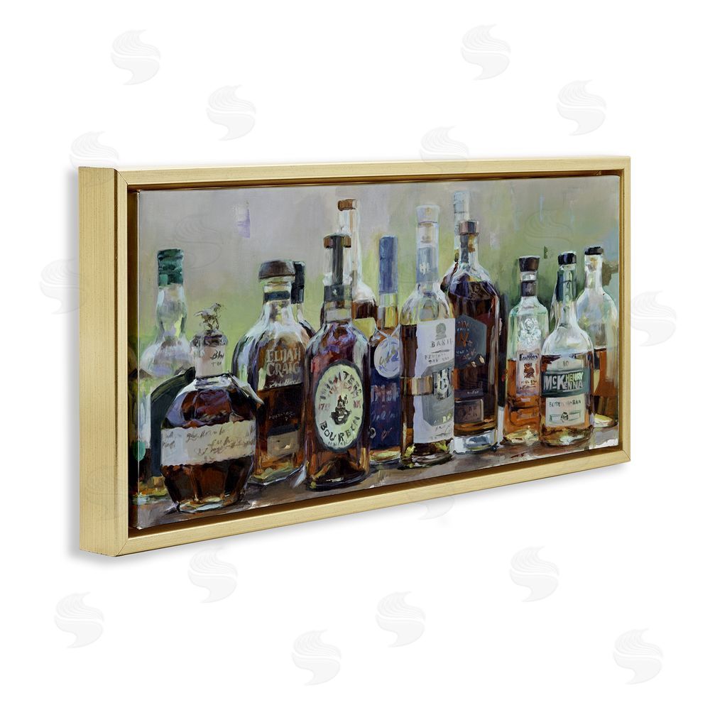 Marilyn Hageman Vintage Whiskey Bottles Display Gold Floating Framed Canvas Wall Art Print