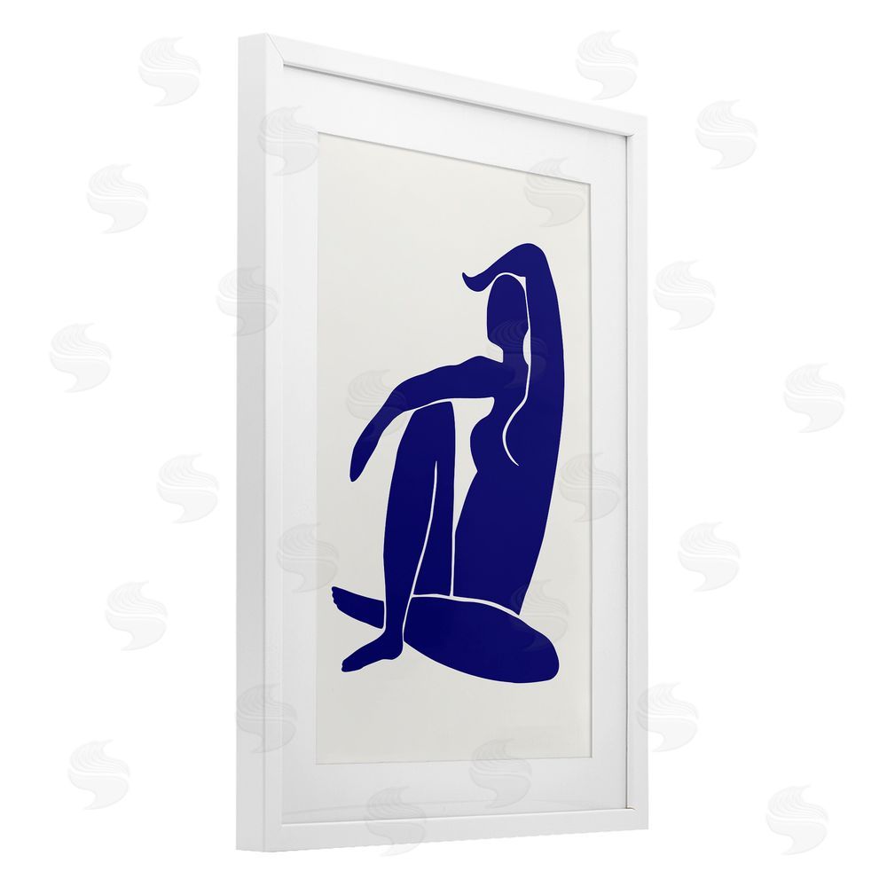 1x Indigo Reclining Female Figure White Framed Print Under Glass Wall Art