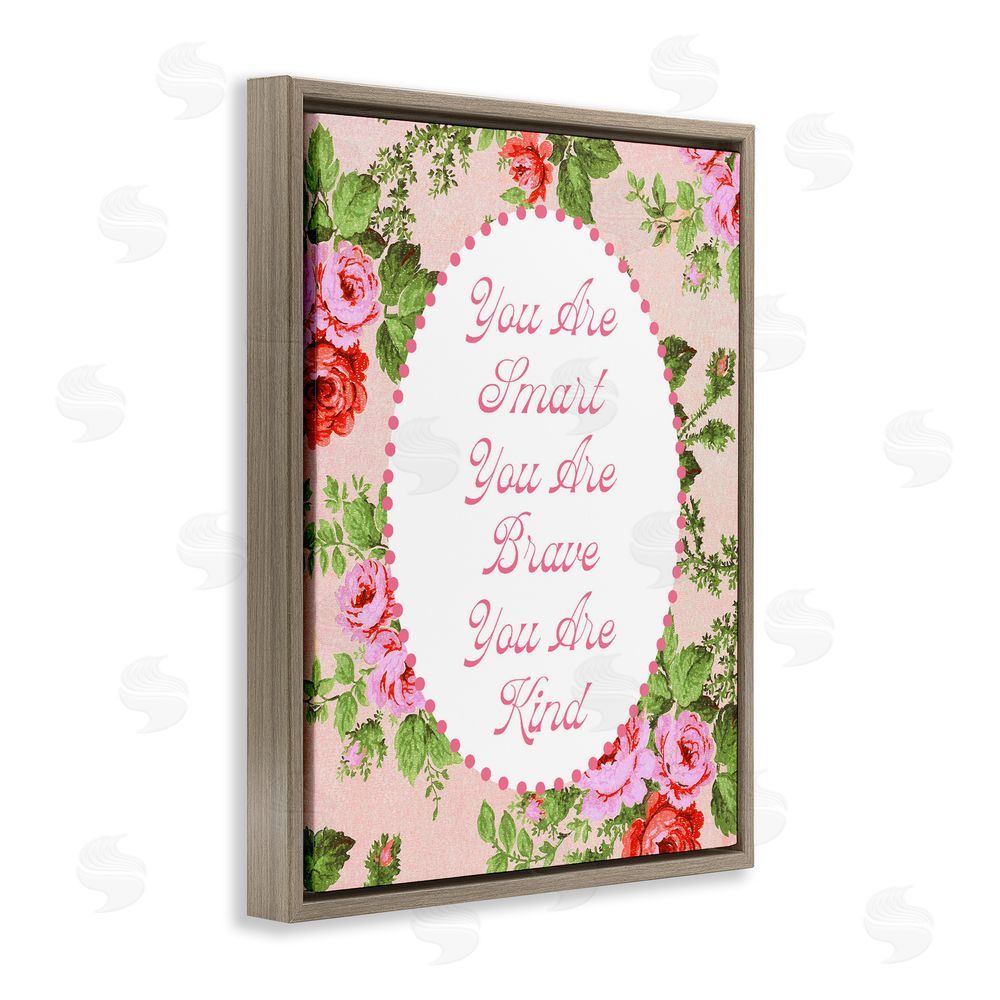 Lil' Rue Smart Brave & Kind with Vintage Florals Brown Floating Framed Canvas Wall Art Print