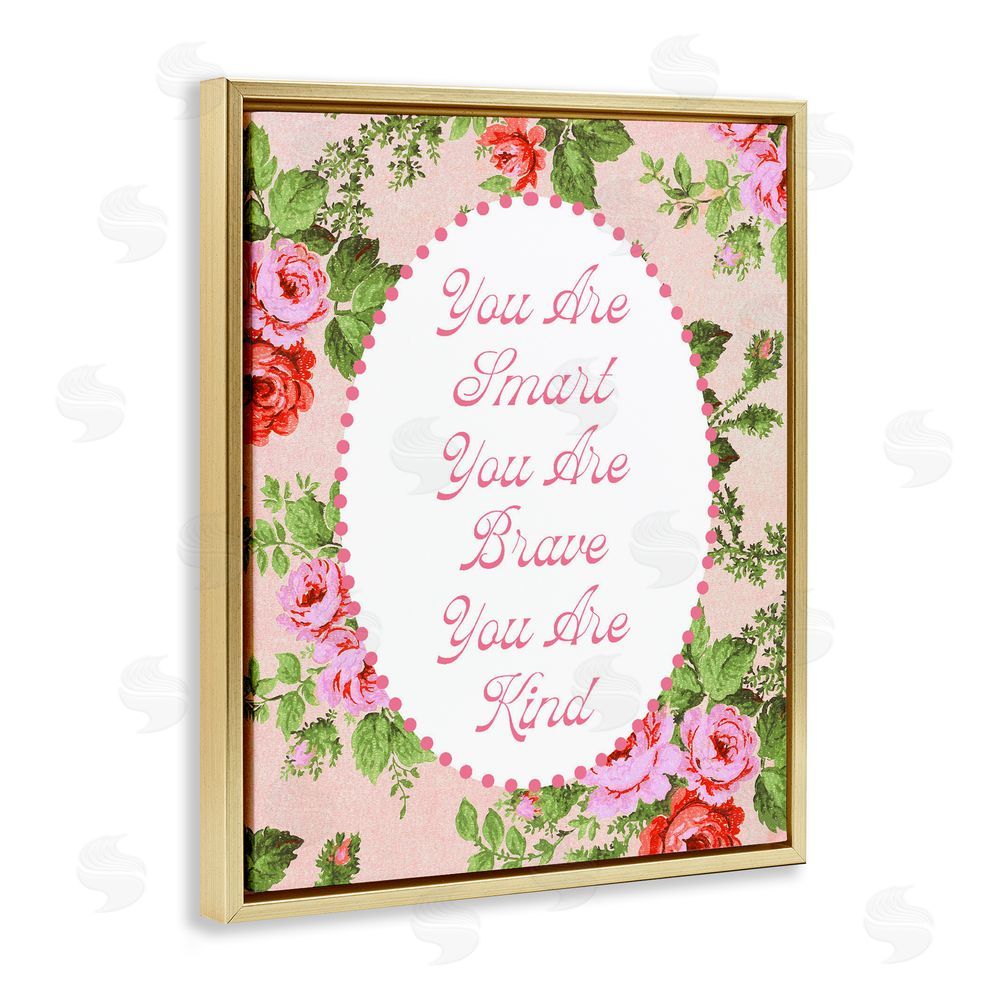 Lil' Rue Smart Brave & Kind with Vintage Florals Gold Floating Framed Canvas Wall Art Print