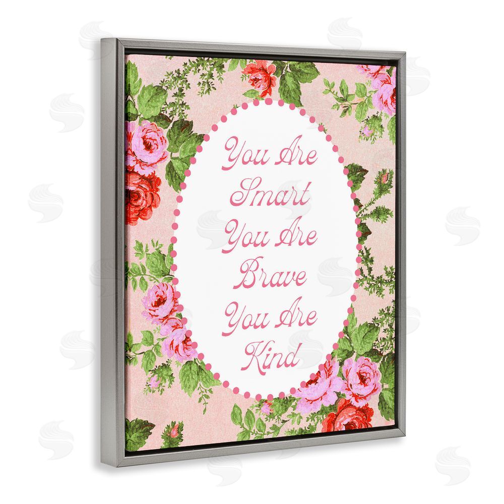 Lil' Rue Smart Brave & Kind with Vintage Florals Gray Floating Framed Canvas Wall Art Print