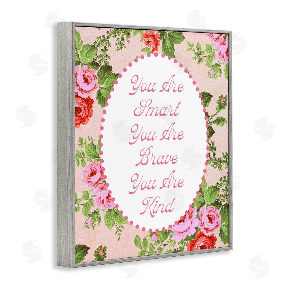 Lil' Rue Smart Brave & Kind with Vintage Florals Gray Framed Giclee Wall Art Print