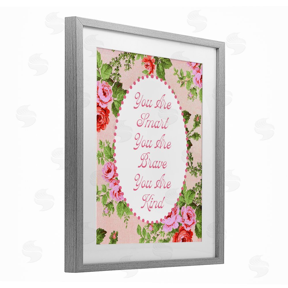 Lil' Rue Smart Brave & Kind with Vintage Florals Gray Framed Print Under Glass with White Mat Wall Art