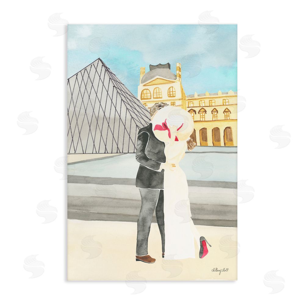 Hillary Holt Couple Embrace At The Louvre Stretched Canvas Wall Art Print