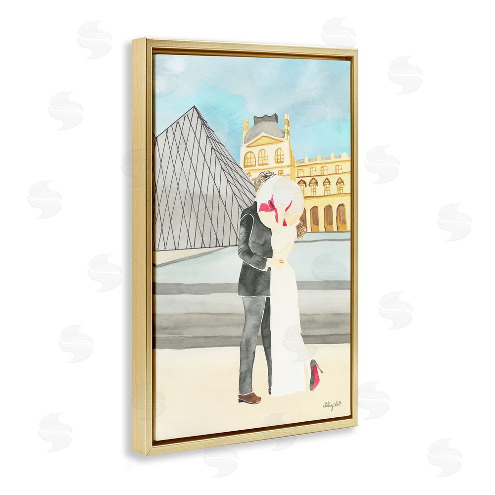 Hillary Holt Couple Embrace At The Louvre Gold Floating Frame Canvas Wall Art Print