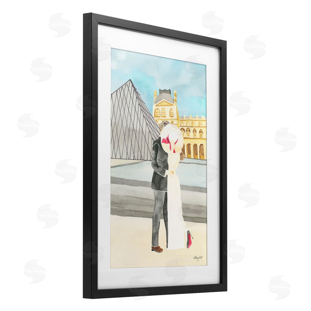 Hillary Holt Couple Embrace At The Louvre Black Framed Print Under Glass Wall Art