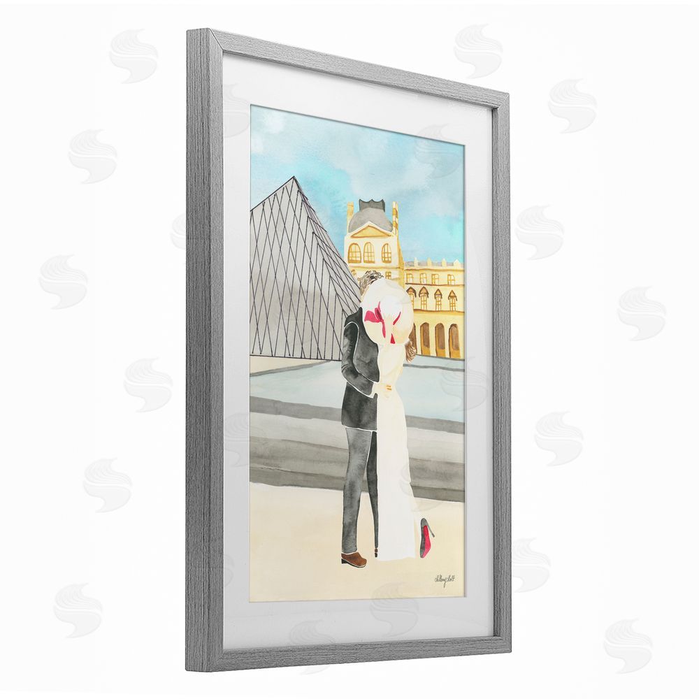 Hillary Holt Couple Embrace At The Louvre Gray Framed Print Under Glass Wall Art