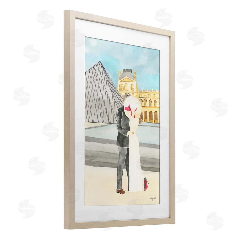 Hillary Holt Couple Embrace At The Louvre Brown Framed Print Under Glass Wall Art