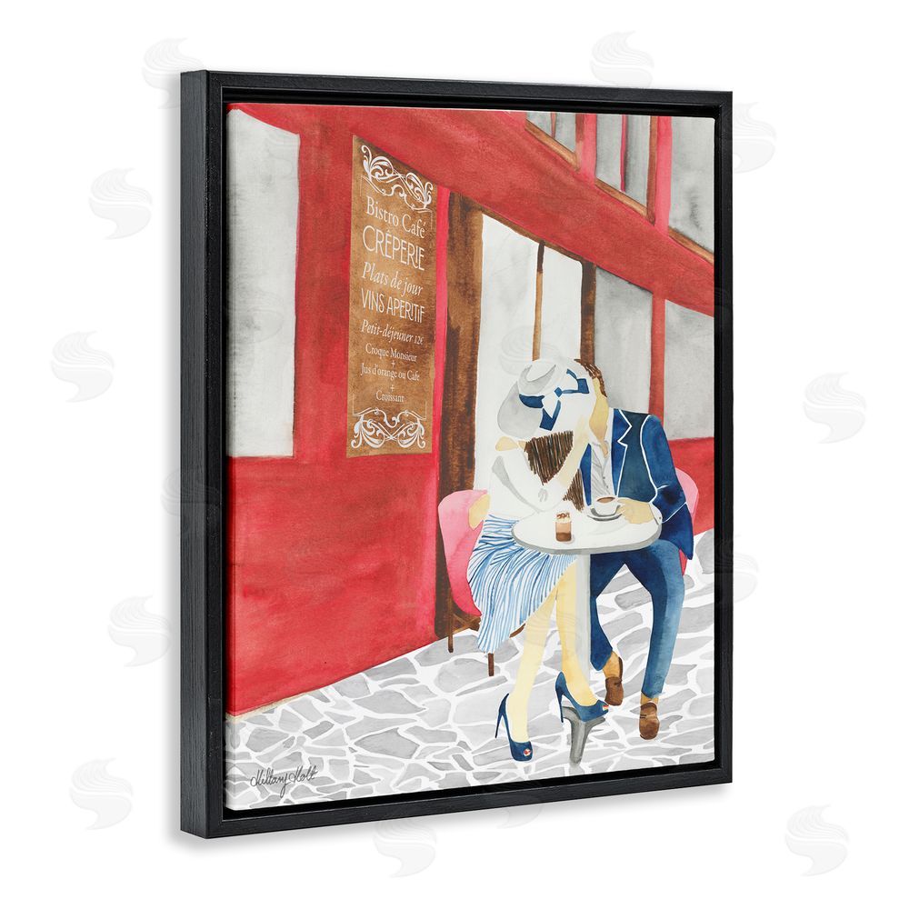 Hillary Holt Kiss At Parisian Cafe Black Floating Frame Canvas Wall Art Print