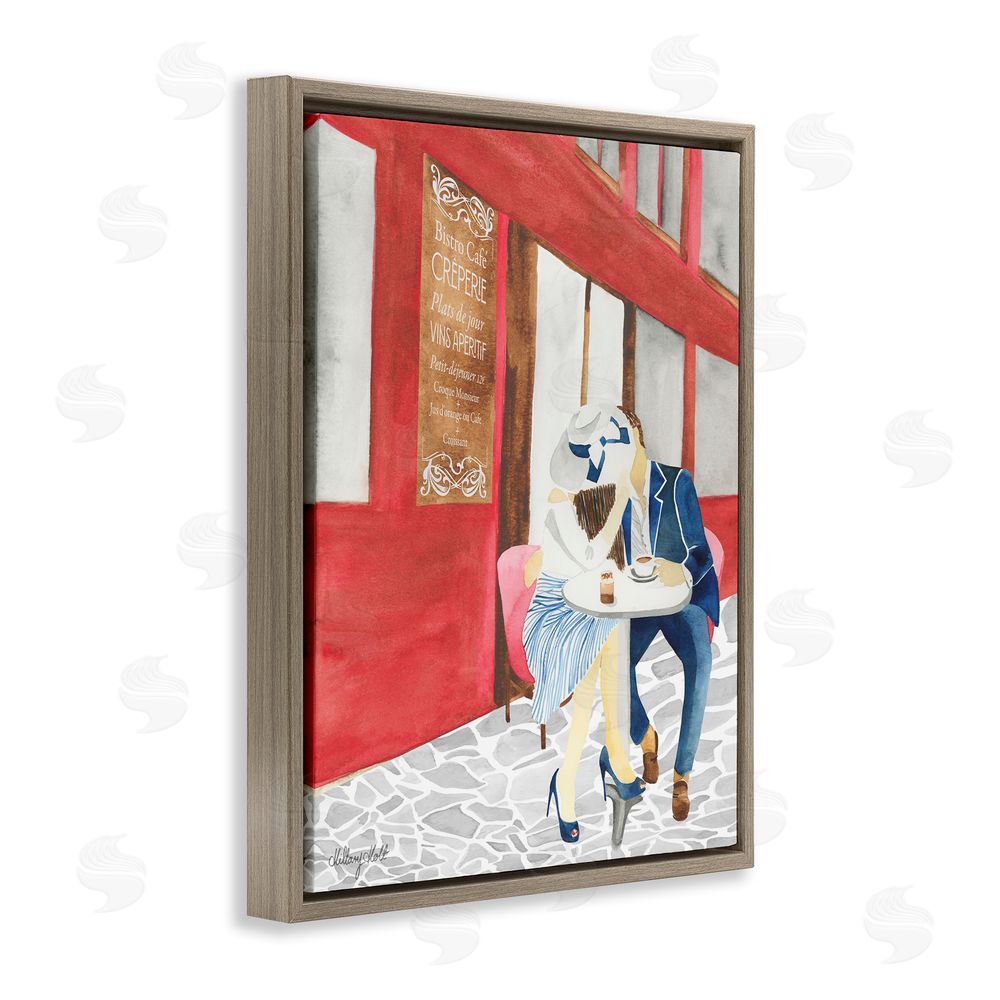 Hillary Holt Kiss At Parisian Cafe Brown Floating Frame Canvas Wall Art Print