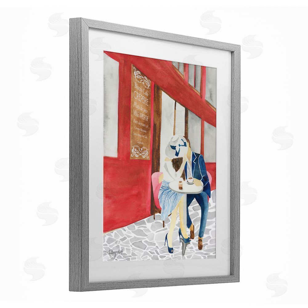 Hillary Holt Kiss At Parisian Cafe Gray Framed Print Under Glass Wall Art