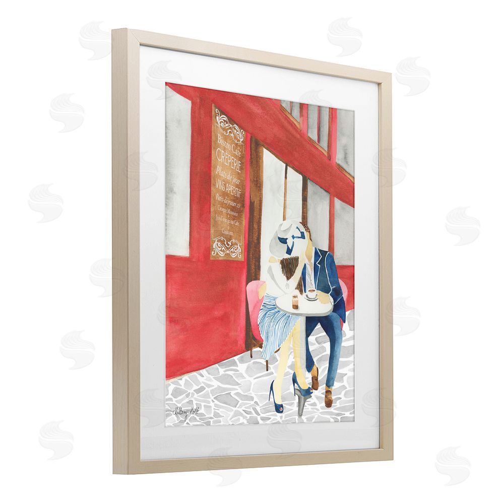Hillary Holt Kiss At Parisian Cafe Brown Framed Print Under Glass Wall Art