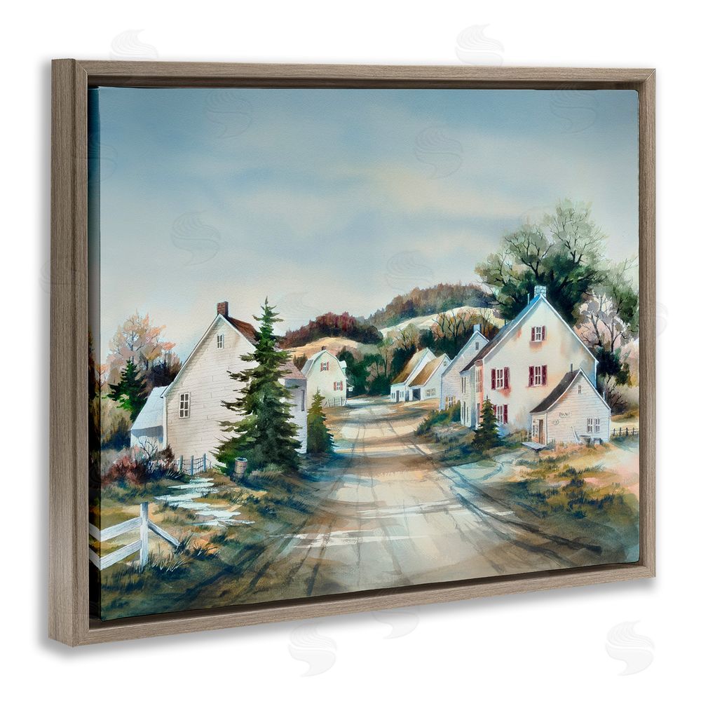 Owen Wexler Tranquil Village Road & Houses Brown Floating Frame Canvas Wall Art Print