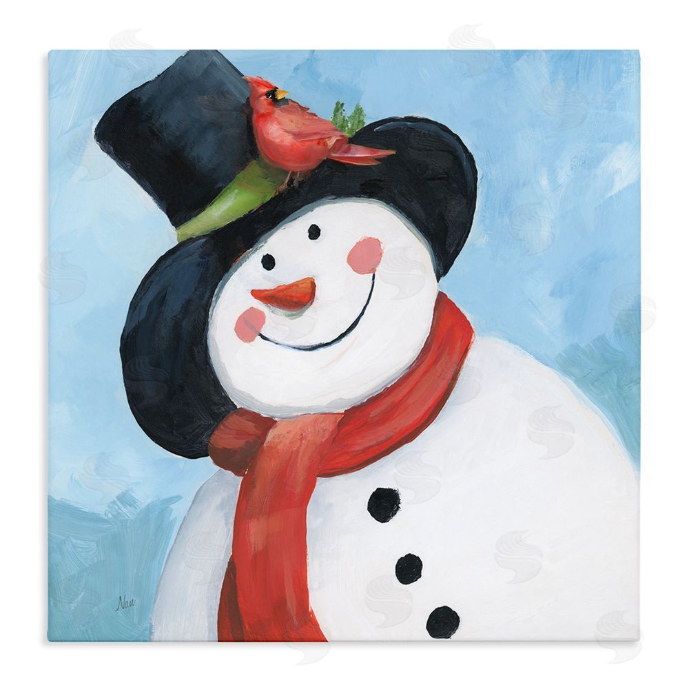 Nan Cheerful Snowman with Cardinal Stretched Canvas Wall Art Print