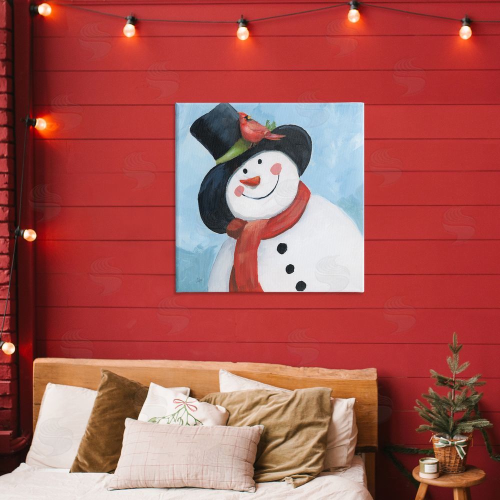 Nan Cheerful Snowman with Cardinal Stretched Canvas Wall Art in Room