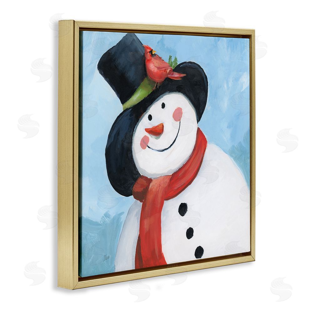 Nan Cheerful Snowman with Cardinal Gold Floating Frame Canvas Wall Art Print