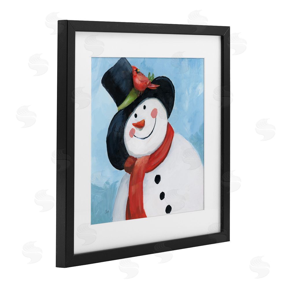 Nan Cheerful Snowman with Cardinal Black Framed Print Under Glass Wall Art