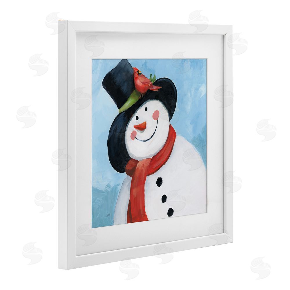 Nan Cheerful Snowman with Cardinal White Framed Print Under Glass Wall Art