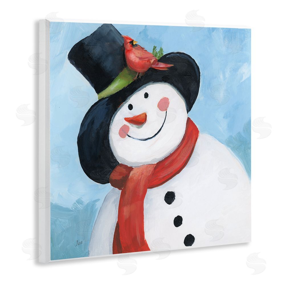 Nan Cheerful Snowman with Cardinal Wooden Wall Plaque Art Print