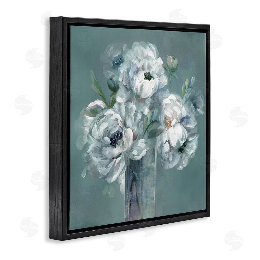 Nan White Peony Impression in Vase Black Floating Frame Canvas Wall Art Print
