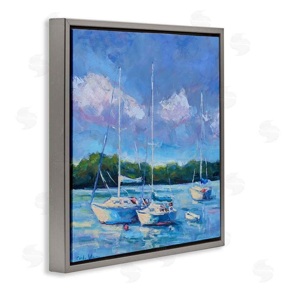 Cindy Vener Blue Afternoon Sailboats Trio Gray Floating Frame Canvas Wall Art Print