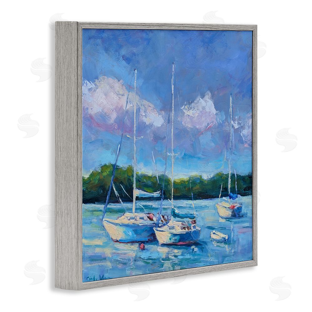 Cindy Vener Blue Afternoon Sailboats Trio Gray Framed Giclee Wall Art Print