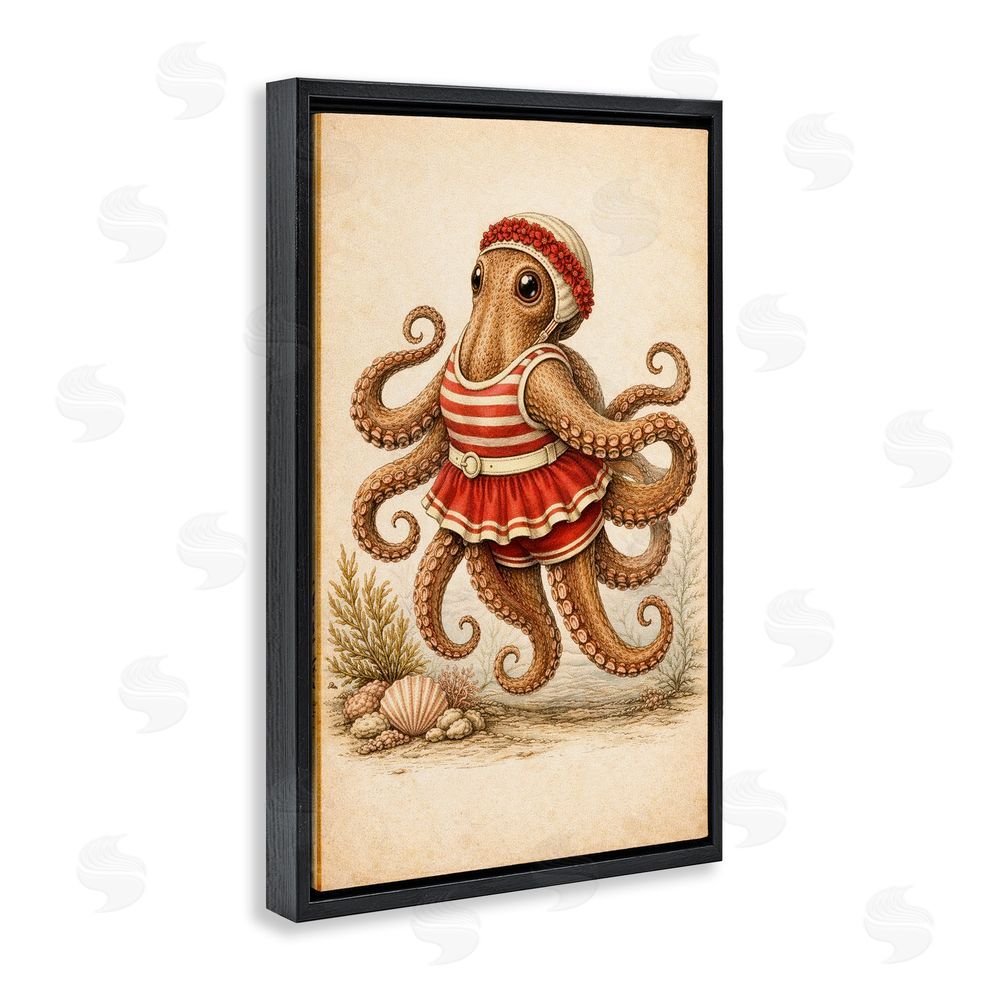Grotto Studios Octopus of Maritime Bathing Society Black Floating Framed Canvas Wall Art