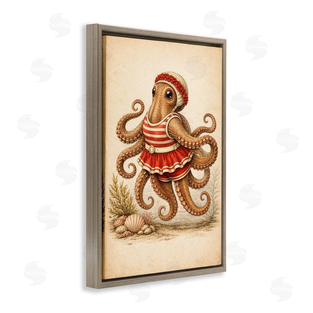 Grotto Studios Octopus of Maritime Bathing Society Brown Floating Framed Canvas Wall Art