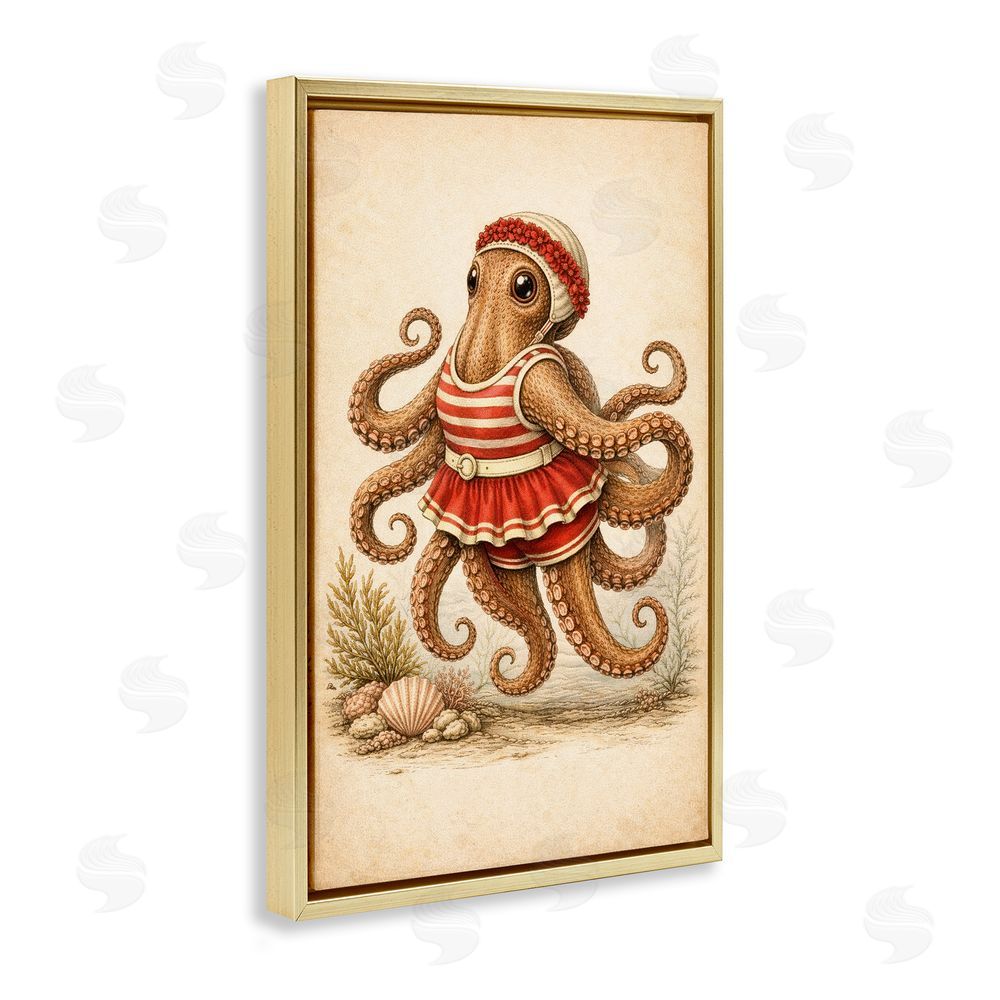 Grotto Studios Octopus of Maritime Bathing Society Gold Floating Framed Canvas Wall Art