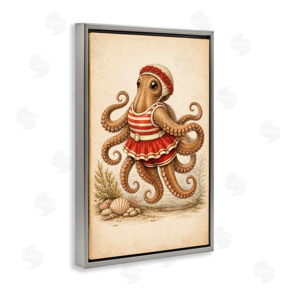 Grotto Studios Octopus of Maritime Bathing Society Gray Floating Framed Canvas Wall Art