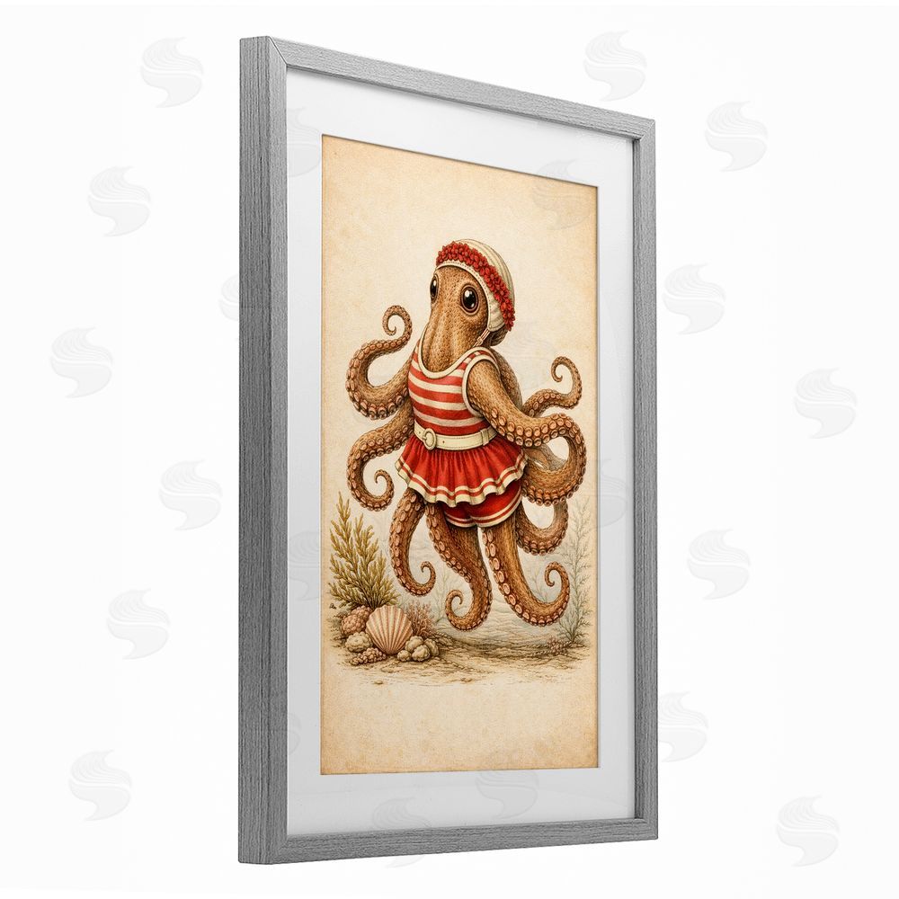 Grotto Studios Octopus of Maritime Bathing Society Gray Framed Print Under Glass Wall Art